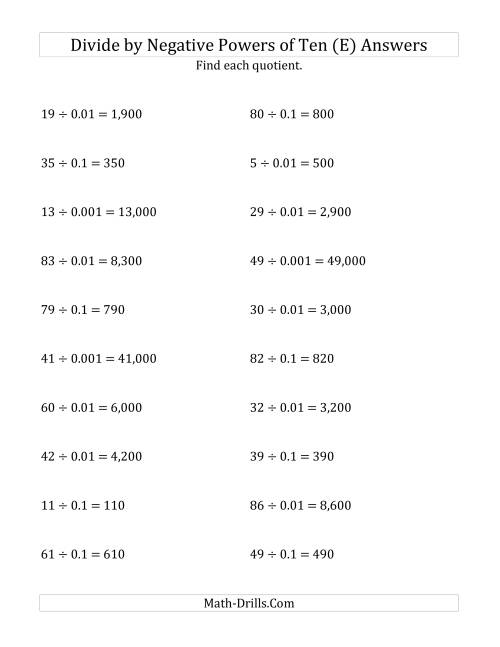 The Dividing Whole Numbers by Negative Powers of Ten (Standard Form) (E) Math Worksheet Page 2