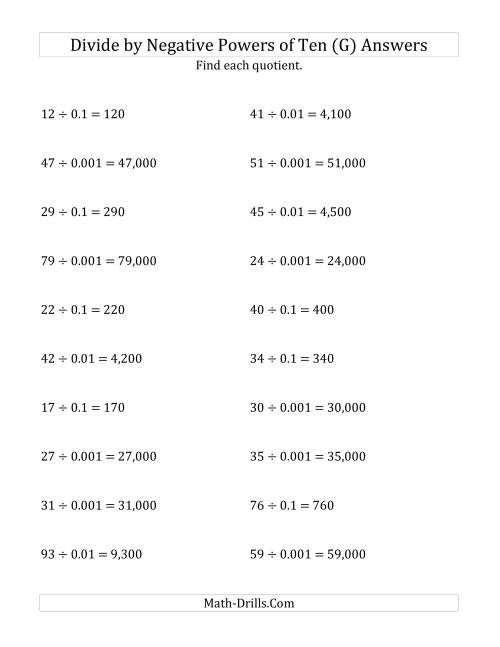 The Dividing Whole Numbers by Negative Powers of Ten (Standard Form) (G) Math Worksheet Page 2
