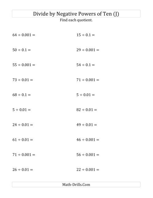 The Dividing Whole Numbers by Negative Powers of Ten (Standard Form) (J) Math Worksheet