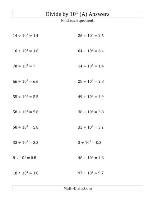The Dividing Whole Numbers by 10<sup>1</sup> (A) Math Worksheet Page 2