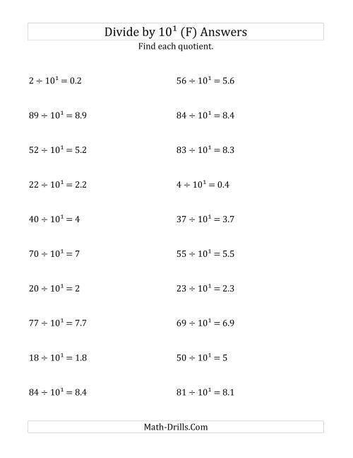 The Dividing Whole Numbers by 10<sup>1</sup> (F) Math Worksheet Page 2