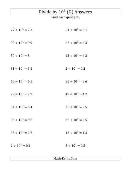 The Dividing Whole Numbers by 10<sup>1</sup> (G) Math Worksheet Page 2