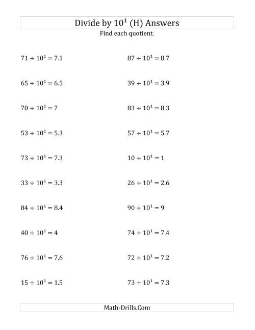 The Dividing Whole Numbers by 10<sup>1</sup> (H) Math Worksheet Page 2