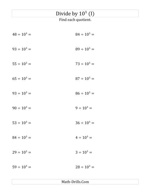 The Dividing Whole Numbers by 10<sup>1</sup> (I) Math Worksheet