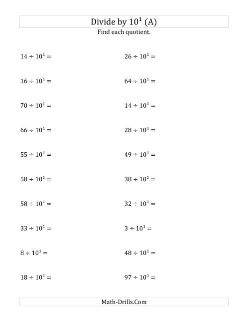 The Dividing Whole Numbers by 10<sup>1</sup> (All) Math Worksheet