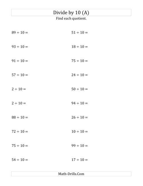 The Dividing Whole Numbers by 10 (A) Math Worksheet