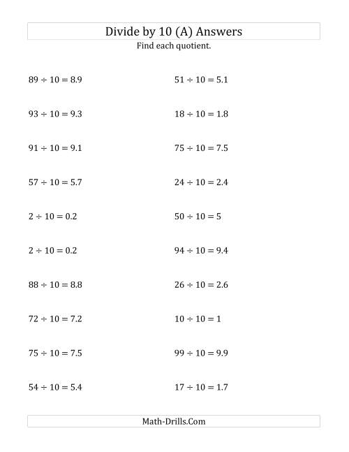 The Dividing Whole Numbers by 10 (A) Math Worksheet Page 2