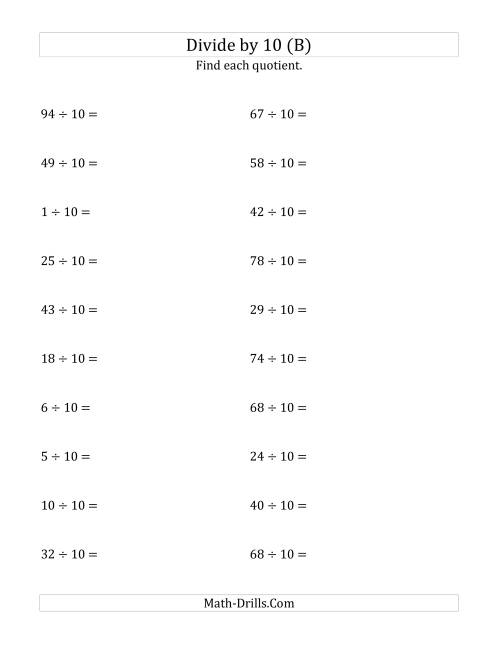The Dividing Whole Numbers by 10 (B) Math Worksheet