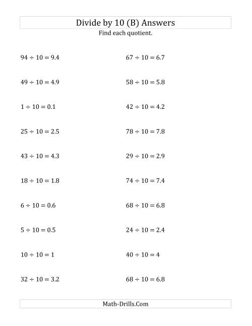 The Dividing Whole Numbers by 10 (B) Math Worksheet Page 2