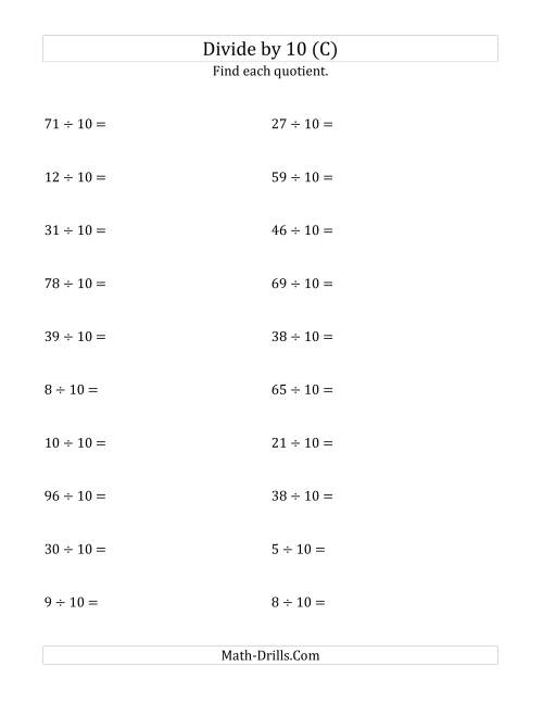 The Dividing Whole Numbers by 10 (C) Math Worksheet