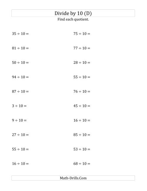 The Dividing Whole Numbers by 10 (D) Math Worksheet