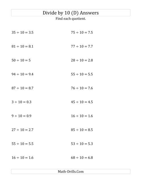 The Dividing Whole Numbers by 10 (D) Math Worksheet Page 2