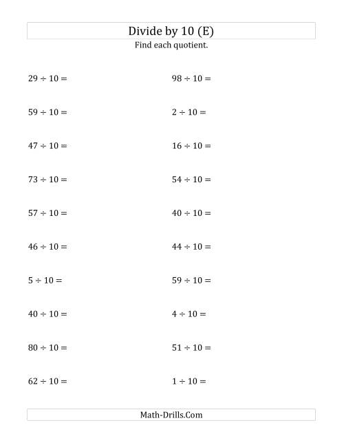 The Dividing Whole Numbers by 10 (E) Math Worksheet