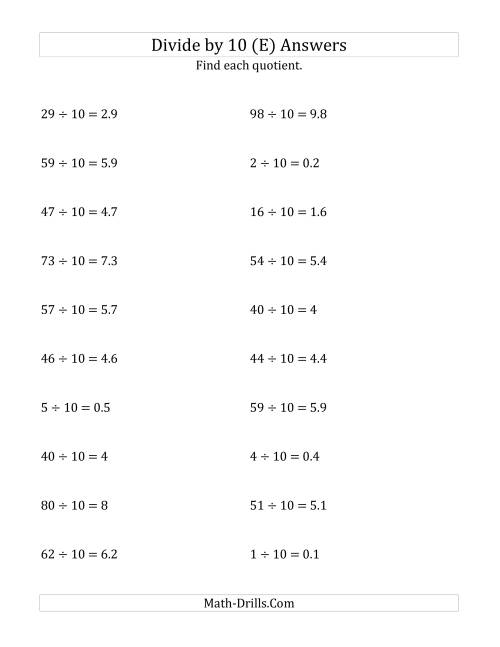 The Dividing Whole Numbers by 10 (E) Math Worksheet Page 2