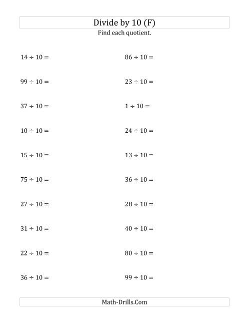 The Dividing Whole Numbers by 10 (F) Math Worksheet