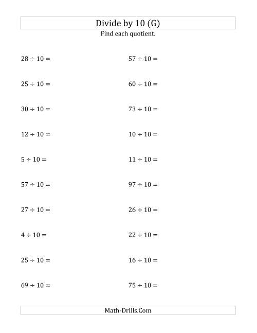 The Dividing Whole Numbers by 10 (G) Math Worksheet