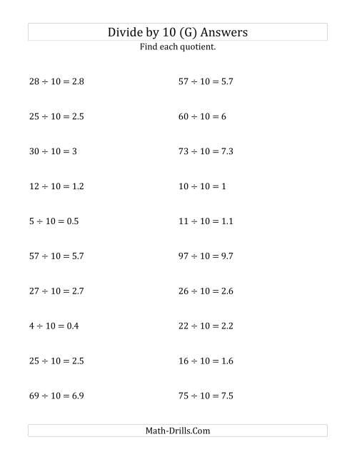 The Dividing Whole Numbers by 10 (G) Math Worksheet Page 2