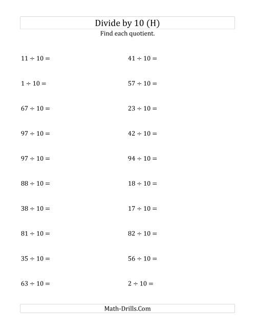 The Dividing Whole Numbers by 10 (H) Math Worksheet