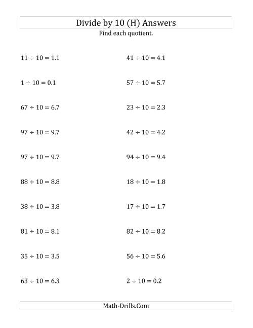 The Dividing Whole Numbers by 10 (H) Math Worksheet Page 2