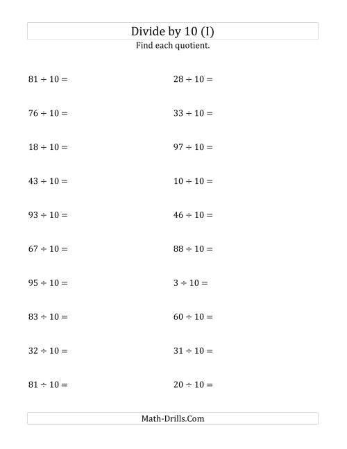 The Dividing Whole Numbers by 10 (I) Math Worksheet