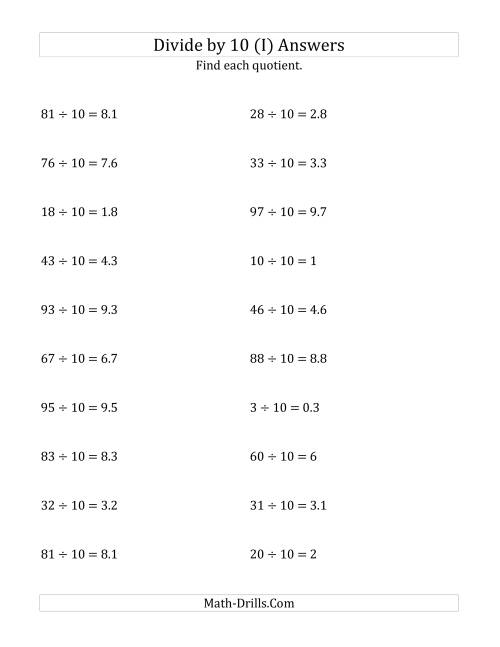 The Dividing Whole Numbers by 10 (I) Math Worksheet Page 2