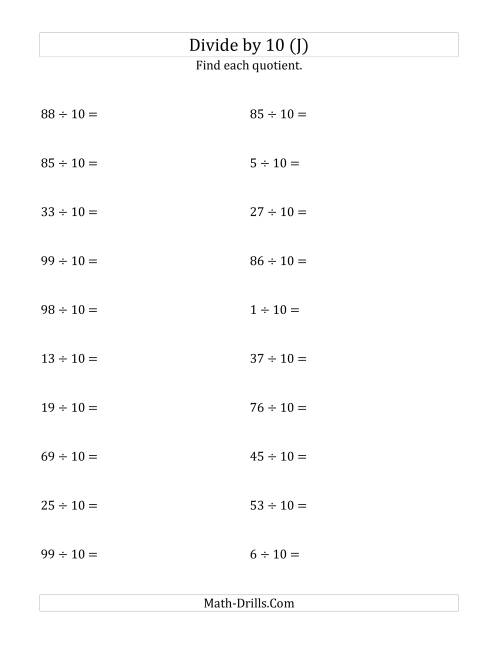The Dividing Whole Numbers by 10 (J) Math Worksheet