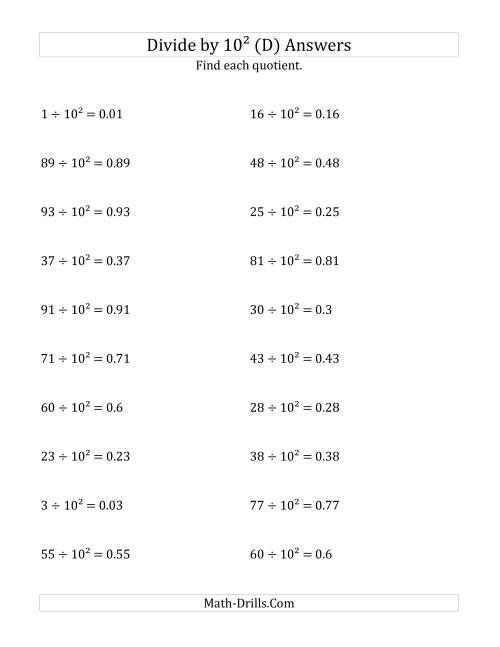 The Dividing Whole Numbers by 10<sup>2</sup> (D) Math Worksheet Page 2