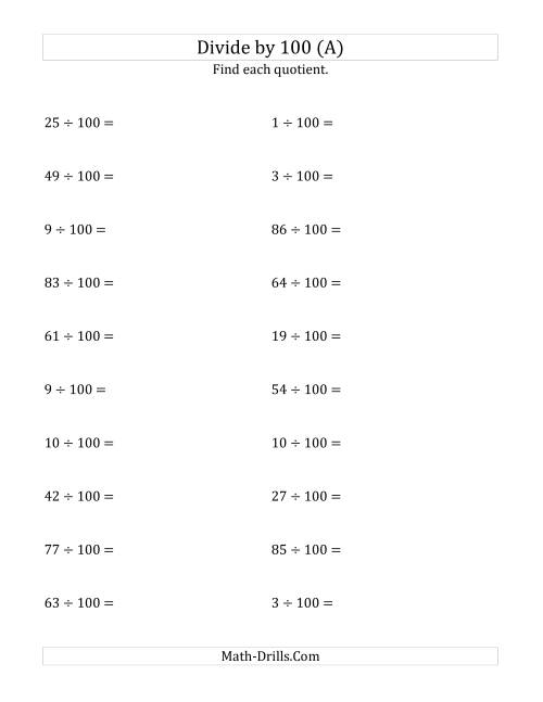 The Dividing Whole Numbers by 100 (A) Math Worksheet