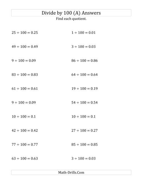 The Dividing Whole Numbers by 100 (A) Math Worksheet Page 2