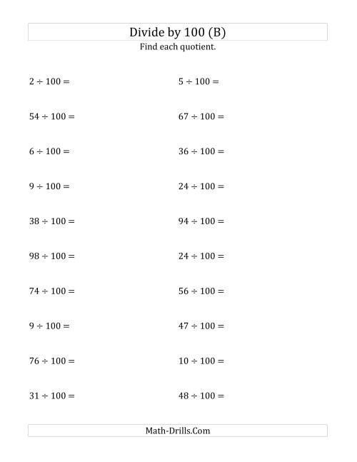 The Dividing Whole Numbers by 100 (B) Math Worksheet