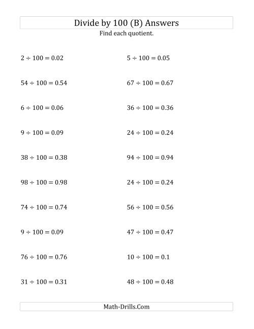 The Dividing Whole Numbers by 100 (B) Math Worksheet Page 2