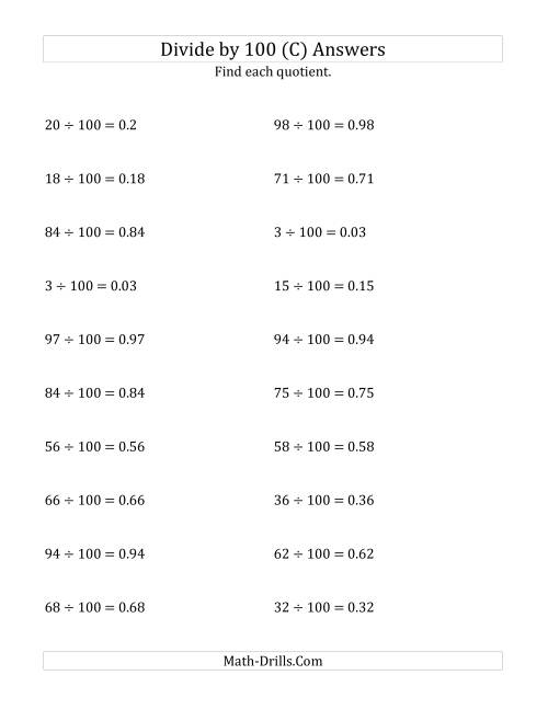 The Dividing Whole Numbers by 100 (C) Math Worksheet Page 2