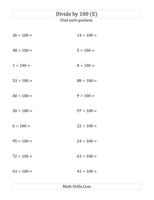 The Dividing Whole Numbers by 100 (E) Math Worksheet