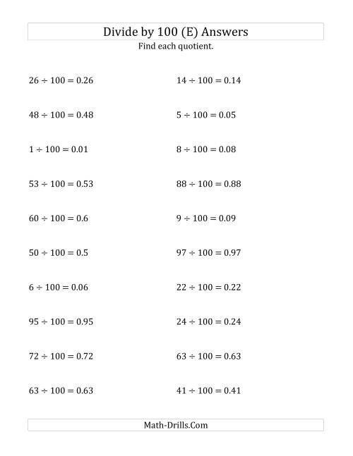 The Dividing Whole Numbers by 100 (E) Math Worksheet Page 2