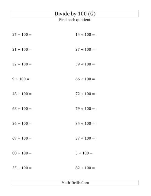 The Dividing Whole Numbers by 100 (G) Math Worksheet