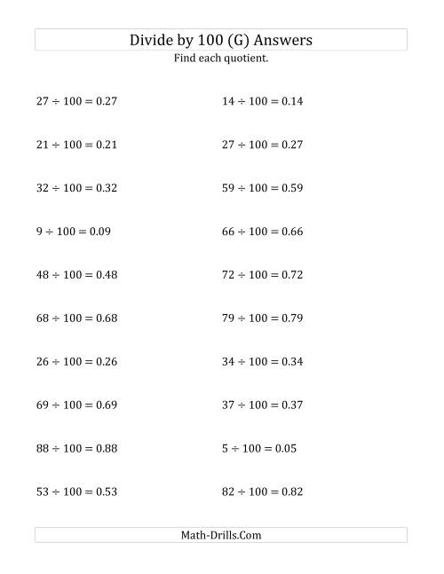 The Dividing Whole Numbers by 100 (G) Math Worksheet Page 2