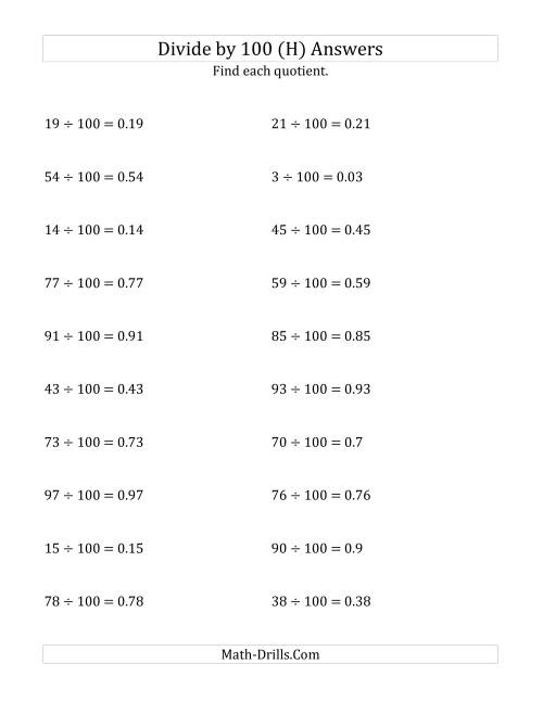 The Dividing Whole Numbers by 100 (H) Math Worksheet Page 2