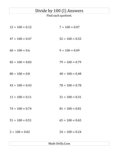 The Dividing Whole Numbers by 100 (I) Math Worksheet Page 2