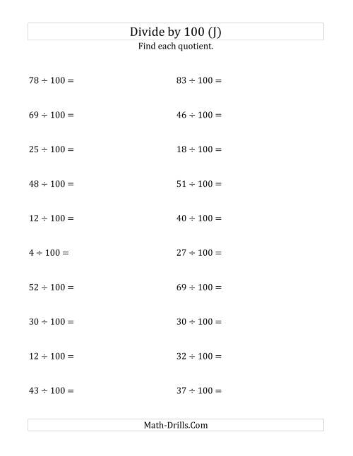 The Dividing Whole Numbers by 100 (J) Math Worksheet