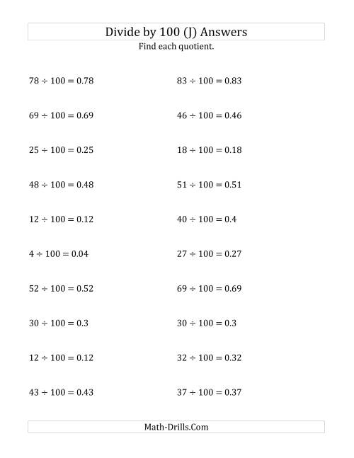 The Dividing Whole Numbers by 100 (J) Math Worksheet Page 2
