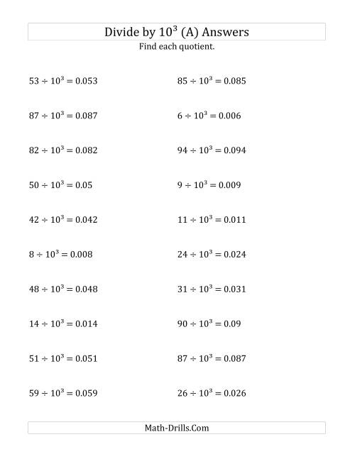 The Dividing Whole Numbers by 10<sup>3</sup> (A) Math Worksheet Page 2
