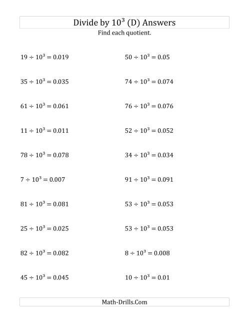The Dividing Whole Numbers by 10<sup>3</sup> (D) Math Worksheet Page 2