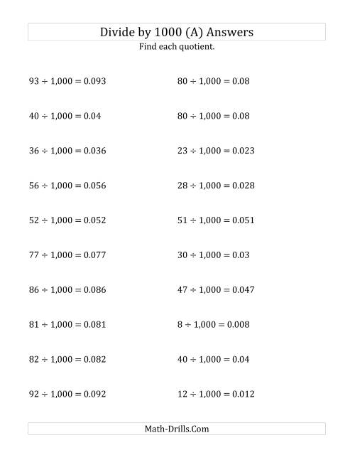 The Dividing Whole Numbers by 1,000 (A) Math Worksheet Page 2