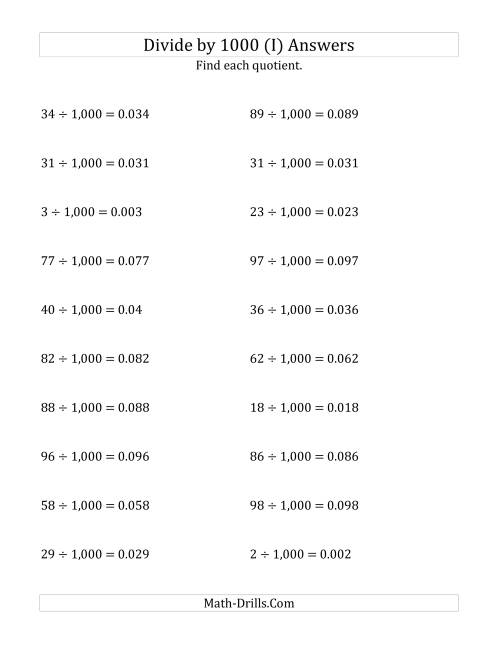 The Dividing Whole Numbers by 1,000 (I) Math Worksheet Page 2