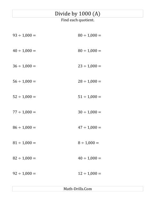 The Dividing Whole Numbers by 1,000 (All) Math Worksheet