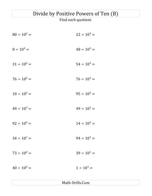 The Dividing Whole Numbers by Positive Powers of Ten (Exponent Form) (B) Math Worksheet