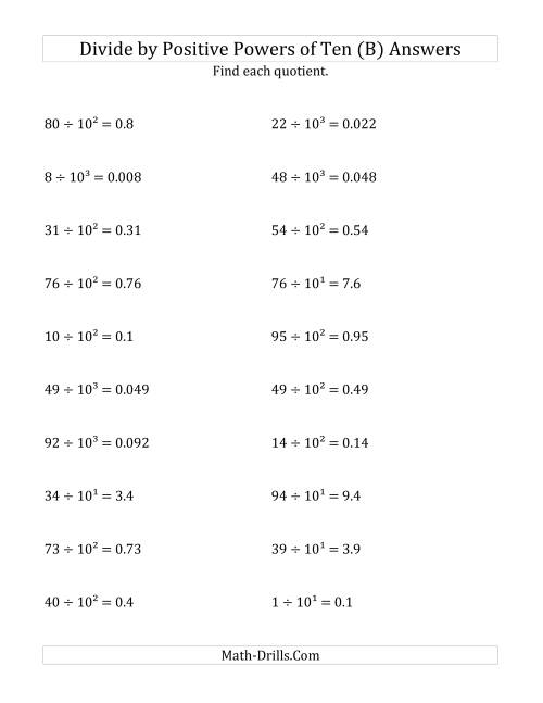 The Dividing Whole Numbers by Positive Powers of Ten (Exponent Form) (B) Math Worksheet Page 2