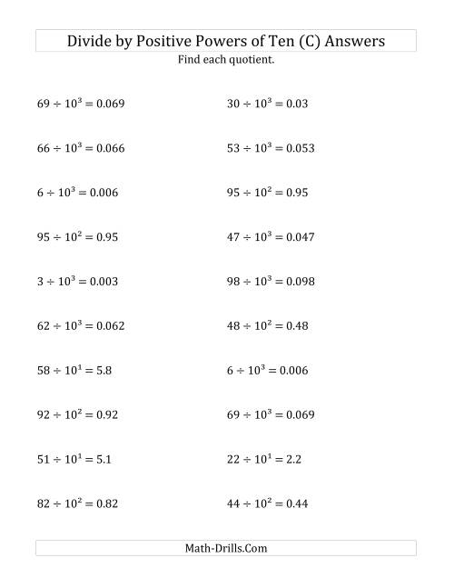 The Dividing Whole Numbers by Positive Powers of Ten (Exponent Form) (C) Math Worksheet Page 2