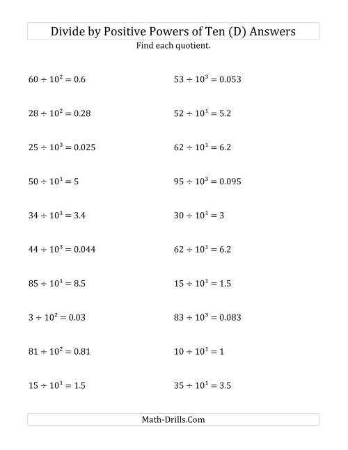 The Dividing Whole Numbers by Positive Powers of Ten (Exponent Form) (D) Math Worksheet Page 2