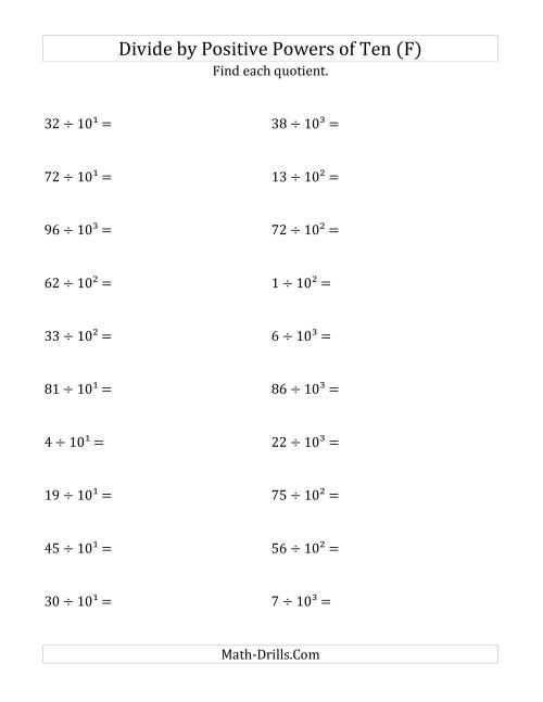 The Dividing Whole Numbers by Positive Powers of Ten (Exponent Form) (F) Math Worksheet